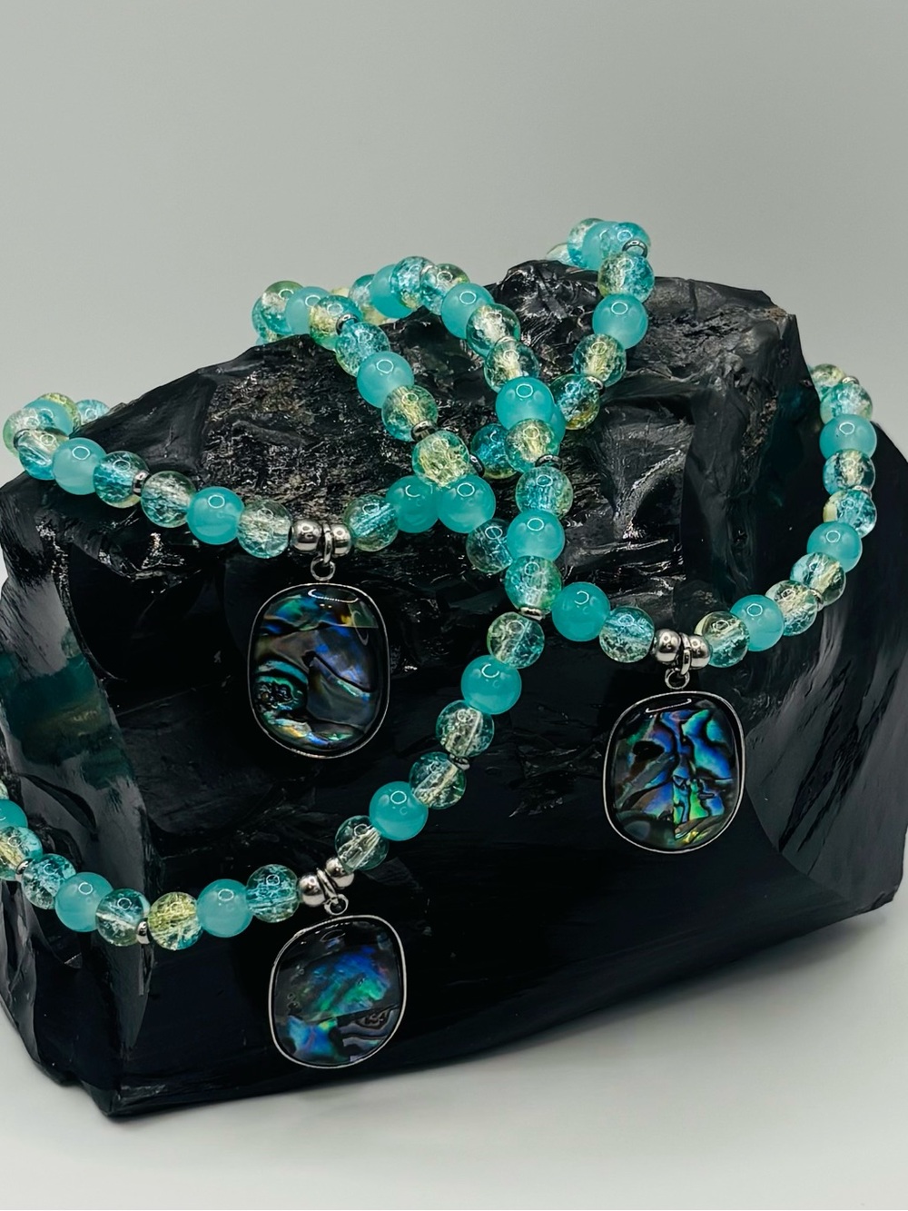 *ANKLET* S. Steel Abalone & Teal Yellow Crystal  Stretchy Anklet
